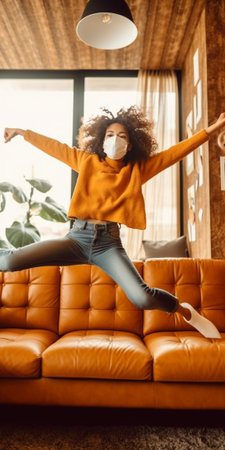 Enjoying good song Beautiful cheerful young woman wearing headphones and holding smart phone while jumping on sofa at home : Generative AIの素材