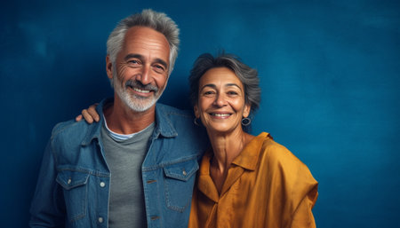 Happy senior couple smiling while standing together against blue background : Generative AIの素材