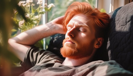 Handsome redhead man napping on the couch with laptop and smart phone laying near him : Generative AIの素材