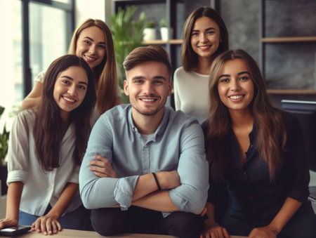 Happy to be in team Beautiful cheerful woman looking at camera with smile while sitting at the office table with her coworkers : Generative AIの素材