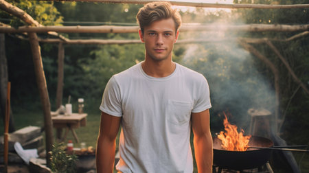 Handsome young man in casual clothing preparing barbecue while standing on the rooftop patio : Generative AIの素材