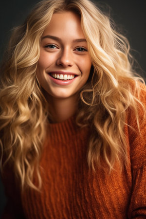 Feeling beautiful Attractive young woman with long curly blond hair smiling and looking at camera while standing against grey background : Generative AIの素材