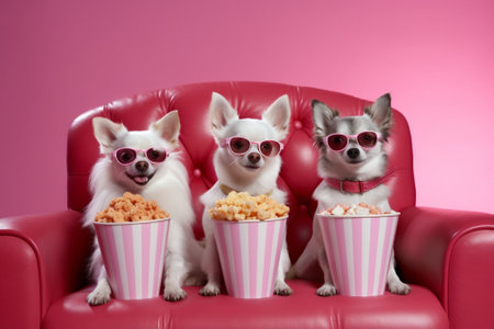 Group of happy young people throwing popcorn while sitting on the couch against pink background : Generative AIの素材