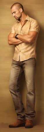 Full length of young man in casual wear talking on smart phone while standing against brown background : Generative AIの素材