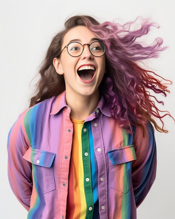 Happy young woman in funky glasses playing with her long hair against colored background : Generative AIの素材