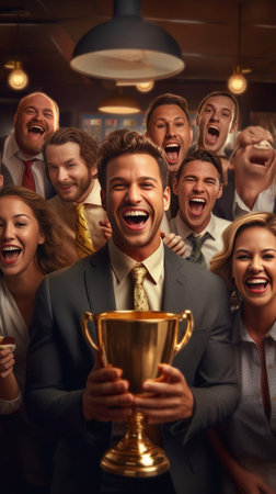 Group of beautiful people in formalwear carrying gold colored numbers and smiling : Generative AIの素材