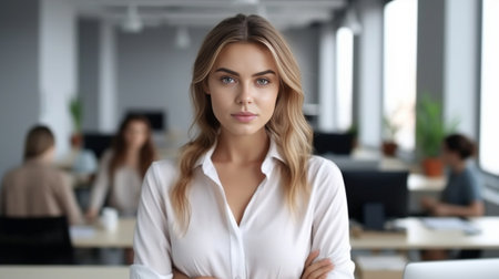 Confident young woman looking at camera while sitting at her working place in office : Generative AIの素材