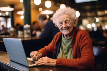 Feeling young and full of energy Rear view of cheerful senior woman looking over shoulder and smiling while working on laptop : Generative AIの素材