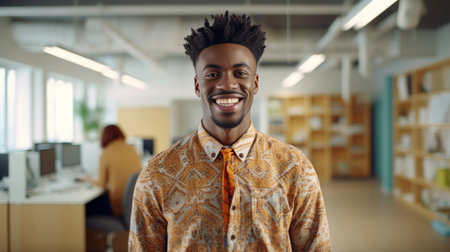 Happy young African man in shirt looking at camera and smiling while working in the office : Generative AIの素材
