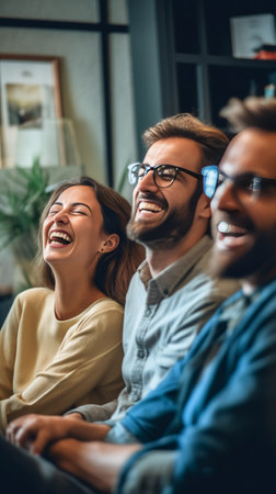 Great business discussion Two coworkers looking away with smile while sitting at office : Generative AIの素材