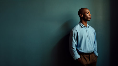 Depression and hopelessness Side view of depressed young African man in blue shirt leaning at the wall and keeping eyes closed : Generative AIの素材