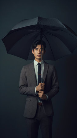 Feeling protected Full length of confident young man in full suit holding umbrells while standing in front of the concrete wall : Generative AIの素材