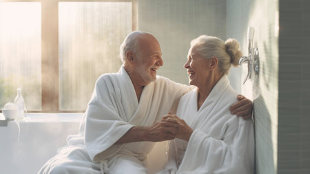 Couple in bathrobes smiling and cleaning teeth while doing morning routine : Generative AIの素材
