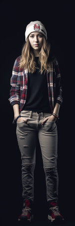 Cool skater girl Attractive young woman in funky clothes holding colorful skateboard and looking at camera while standing against grey background : Generative AIの素材