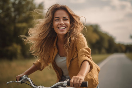 Enjoying summer Closeup of attractive young woman in casual wear cycling while spending carefree time outdoors : Generative AIの素材