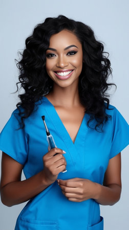 Dental cleaning Beautiful young AfroAmerican woman holding dental floss and smiling at camera while Isolated on gray background : Generative AIの素材