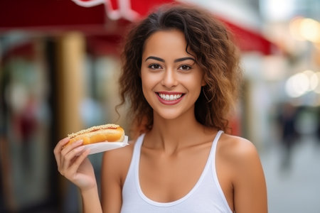 Delicious sandwich Beautiful young woman holding sandwich and smiling : Generative AIの素材