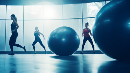 Enjoying healthy lifestyle Cheerful mother and two children exercising with dumbbells in health club while sitting on the fitness balls : Generative AIの素材