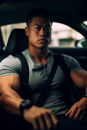 Driving carefully Handsome young man looking straight while driving a status car : Generative AIの素材