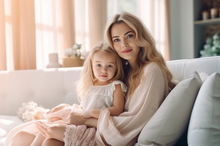 Cutie with mommy Little baby girl looking at camera and leaning on cushion while her mother sitting on the couch at background : Generative AIの素材