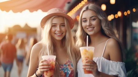 Enjoying summer refreshments Two attractive young women smiling and eating ice cream while standing against the wooden wall outdoors : Generative AIの素材