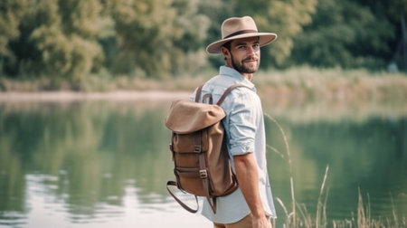 Enjoying early morning hike Handsome young man in fedora carrying backpack and smiling while walking outdoors : Generative AIの素材