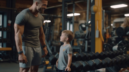 Exercising together is fun Happy father and son exercising with dumbbells and smiling while both standing in health club : Generative AIの素材