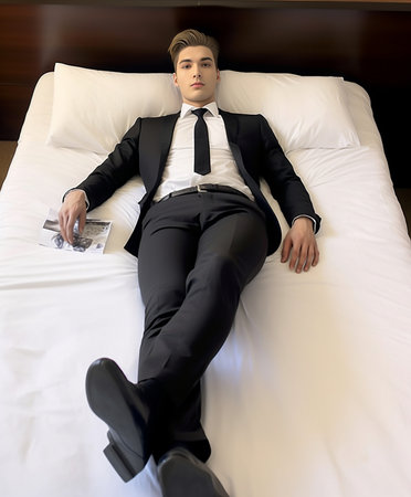 Executive on the go Handsome young man in shirt and tie talking on the mobile phone and smiling while lying in bed : Generative AIの素材