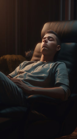 Feeling tired Frustrated young man holding book and massaging his nose while sitting in big chair at home and keeping eyes closed : Generative AIの素材