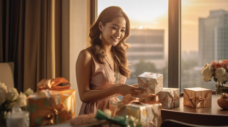 Excited woman in bathrobe holding a bunch of flowers and gift box while having brunch on the balcony : Generative AIの素材