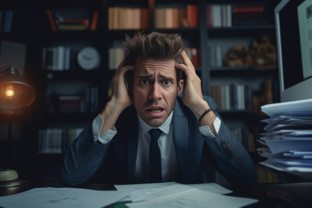 Frustrated young man in formalwear keeping head in hands while working in the office : Generative AIの素材