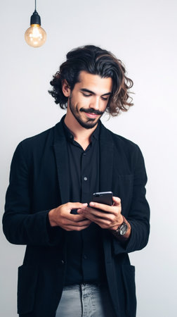 Everyday issues Pensive young man holding mobile phone and looking at it while standing against grey background : Generative AIの素材