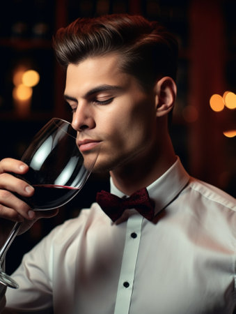 Enjoying the best wine Closeup of confident young man in waistcoat and bow tie smelling wine cork : Generative AIの素材