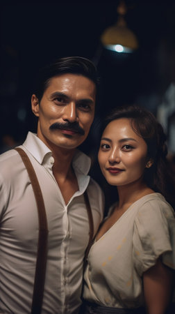 Feeling playful Beautiful young loving couple bonding to each other and smiling while making a fake mustaches from her hair : Generative AIの素材