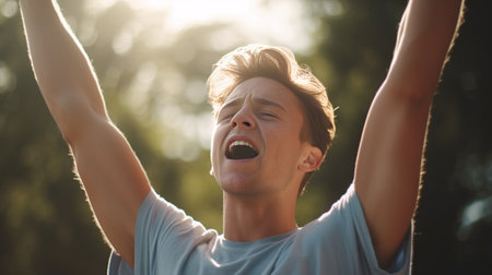 Everyday winner Top view of excited young man keeping arms raised and expressing positivity while sitting at the wooden table outdoors : Generative AIの素材