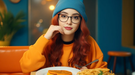 Enjoying tasty meal Thoughtful young woman in casual wear and knit hat holding plate and folk and looking away while sitting on the sofa at home : Generative AIの素材