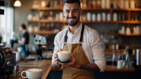 Fresh coffee for you Closeup of male barista serving cup of fresh coffee for you : Generative AIの素材