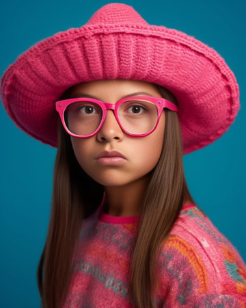 Fashionable teen Playful young woman in pink headwear and eyewear posing against white background : Generative AIの素材