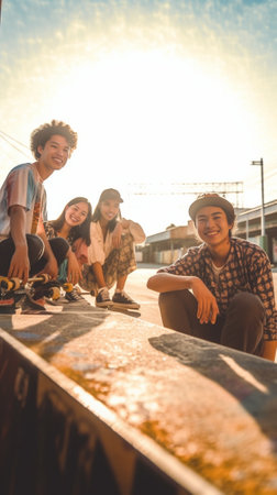 Enjoying sunny day Group of skater friends hanging out together while resting under the bridge outdoors : Generative AIの素材