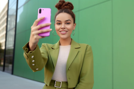 Excited young woman making selfie and gesturing while standing against green background : Generative AIの素材