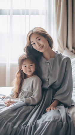 Enjoying time together Beautiful young mother embracing her daughter and smiling while sitting on the bed at home : Generative AIの素材