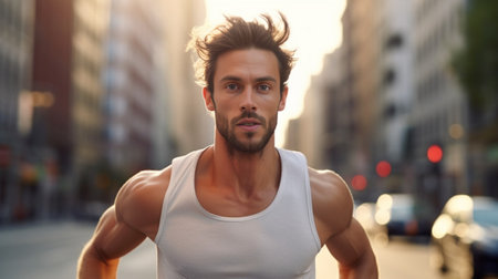 Finding inspiration in his training Handsome young muscular man running along the road : Generative AIの素材