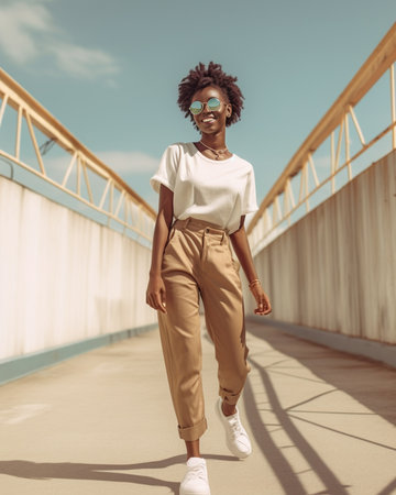 Feeling carefree Full length of beautiful young woman in sunglasses looking away with smile and keeping arms outstretched while standing outdoors : Generative AIの素材