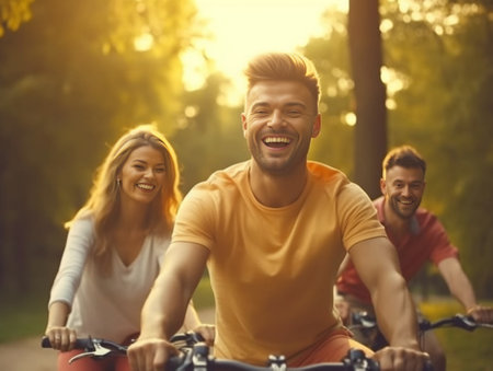 Friends on bicycles Group of young people riding their bicycles and smiling : Generative AIの素材