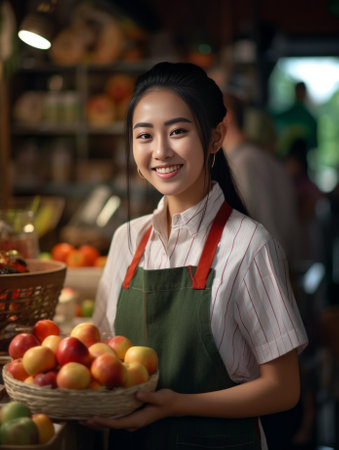 Fresh and colorful Beautiful young woman in apron holding red and green pepper in her hands and smiling while standing in front of wooden background : Generative AIの素材