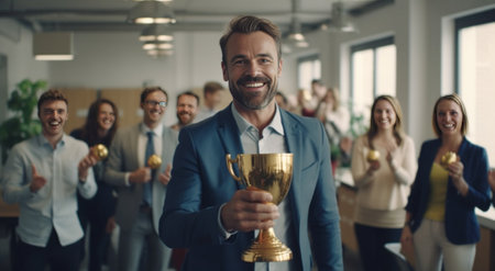 Good looking young man in shirt and tie holding cup and smiling while standing in the office : Generative AIの素材