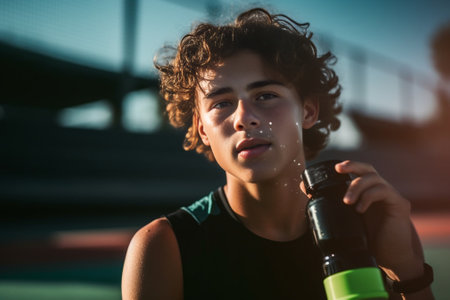 Getting refreshed after game Thirsty young man in polo shirt and towel on shoulders drinking water while standing on tennis court : Generative AIの素材