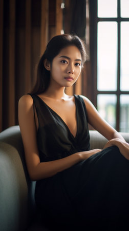 Gorgeous beauty Attractive young woman in elegant black dress keeping hand in hair and looking away while sitting on the sofa : Generative AIの素材