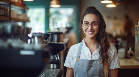 Fresh coffee for you Closeup of beautiful young woman in apron serving coffee and smiling while standing in coffee shop : Generative AIの素材
