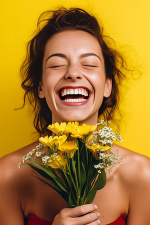 Gorgeous young woman holding bunch of tulips and smiling against yellow background : Generative AIの素材